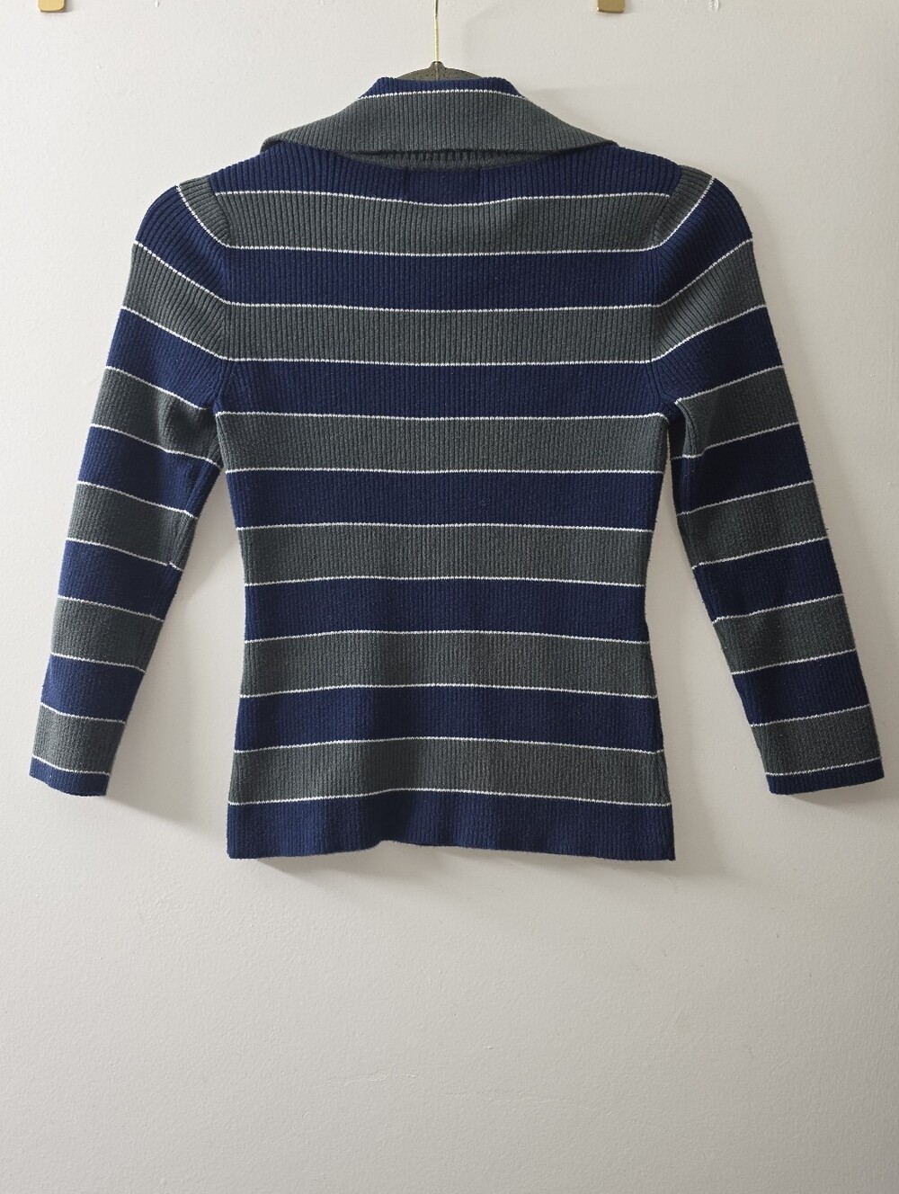 Y2K Retro Reference Point Navy And Green Striped Collared Knit Top Size M - Picture 3 of 4